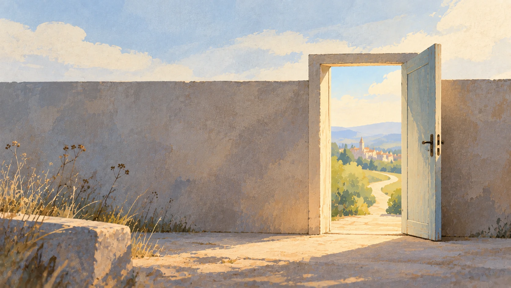 Hohe Mauer versperrt den Blick auf die Landschaft, während eine offene Tür den Weg in die Weite sichtbar macht.