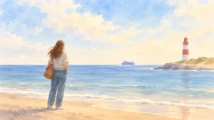 Aquarell-Illustration: Eine Frau steht am Ufer und schaut der Fähre hinterher. Auf einer Landzunge steht ein Leuchtturm.