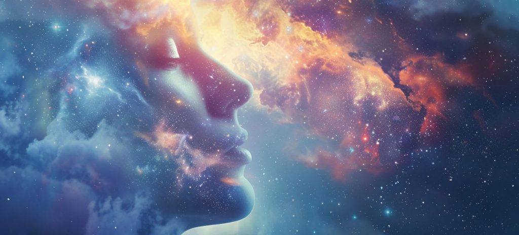 Nahaufnahme eines Gesichts, das in kosmisches Licht und Sterne getaucht ist – Symbolbild für die 369 Methode und die Kraft des Geistes zur Manifestation durch wiederholte Affirmationen.
