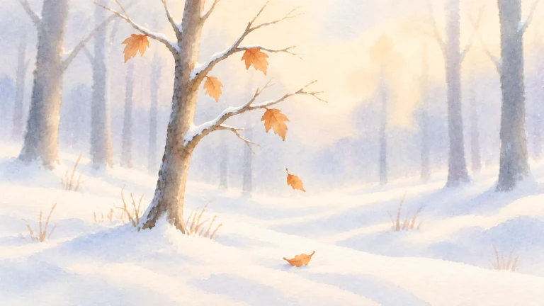 Ein kleiner Laubbaum mit wenigen braunen Blättern steht in einem verschneiten Winterwald. Einige Blätter fallen sanft zu Boden, während warmes Sonnenlicht durch die kahlen Bäume scheint.