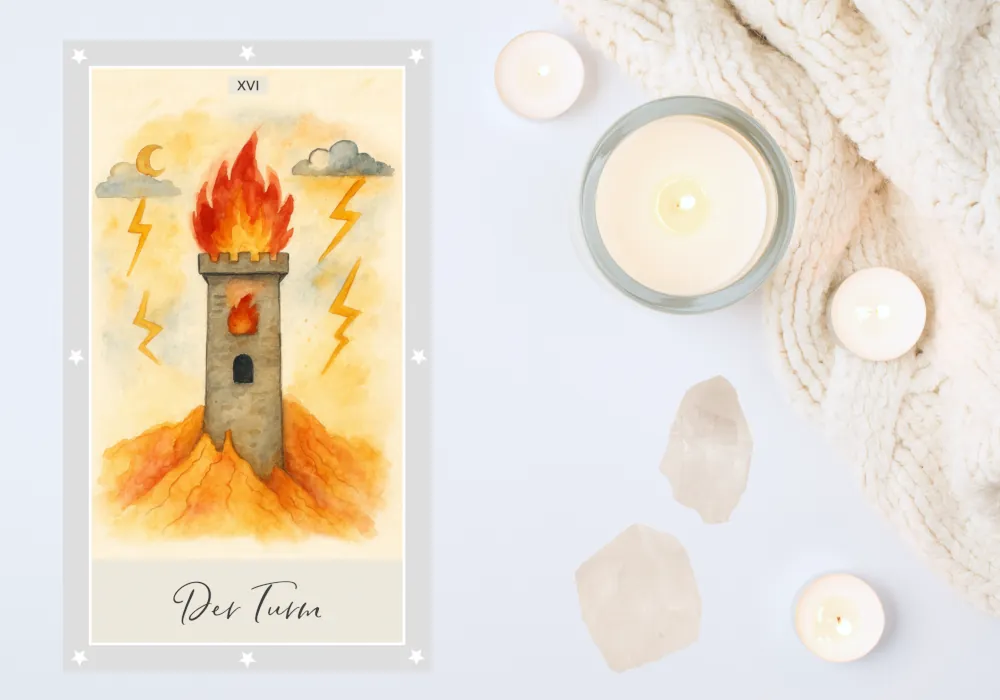 Neuanfang: Tarotkarte „Der Turm“ Tarotkarte „Der Turm“. Die Karte zeigt einen grauen Turm, der von roten Flammen erfasst ist, während Blitze vom Himmel einschlagen.