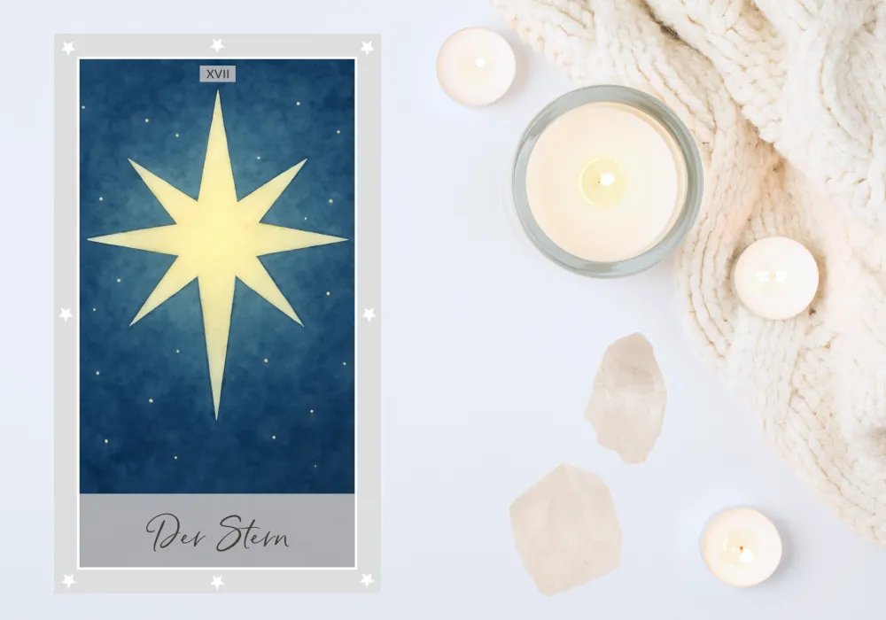 Tarotkarte: Der Stern Eine Tarotkarte im Aquarellstil zeigt einen leuchtenden Stern im Universum, der fĂŒr das Licht am Ende des Tunnels, Heilung und Dankbarkeit steht.
