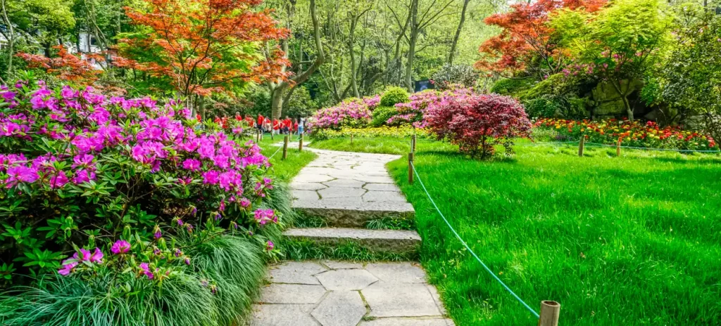 Ein bunter Garten mit blühenden Sträuchern und einem Steinweg, Symbol für das Gleichgewicht zwischen Gesellschaft und dem allein sein lernen.