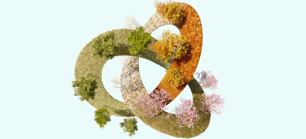 Der Kreislauf des Lebens – Neuanfang in jeder Jahreszeit Eine surreal gestaltete Schleife aus verschiedenen Jahreszeiten, die Bäume in Blüte, voller Blätter, herbstlichem Laub und kahler Winterform zeigt. Ein Neuanfang ist zu jeder Zeit möglich.