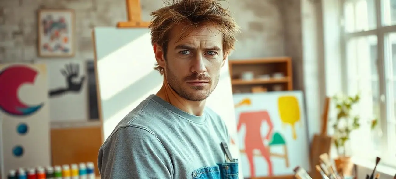 Maler Marco steht vor seiner chaotischen Leinwand, frustriert von der Unordnung in seinem Kunstwerk – eine Analogie für den Stress, der entsteht, wenn wir das Wesentliche aus den Augen verlieren.