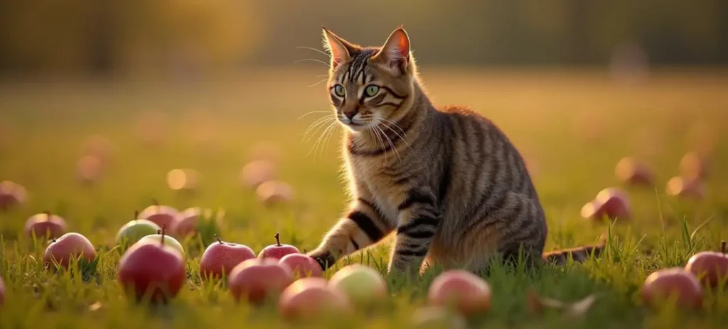 Katze Karla sitzt im Gras und spielt mit heruntergefallenen Äpfeln, eine Analogie für Stressmanagement durch spielerisches Sortieren.