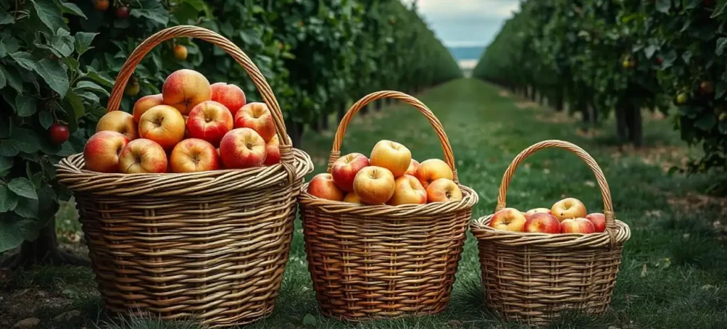 Drei unterschiedlich große Körbe voller Äpfel auf einer Obstplantage. Sie repräsentieren die Kunst des Stressmanagements durch kluge Priorisierung.