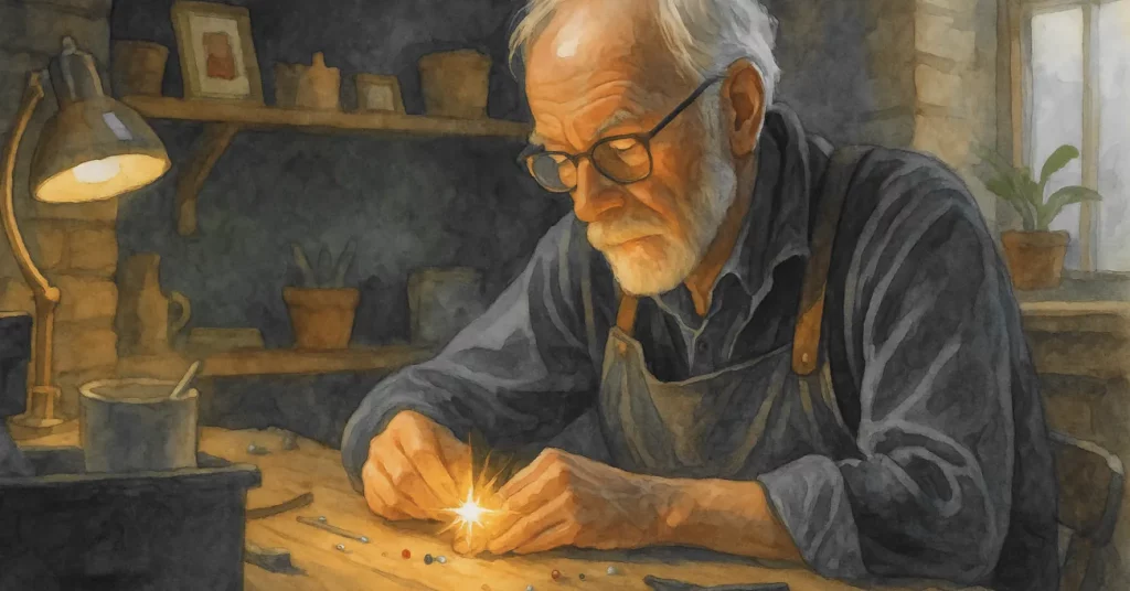 Ein alter Uhrmacher arbeitet in seiner warmen Werkstatt an einem glühenden Stern, Symbol für Hoffnung und Nächstenliebe in der Weihnachtsgeschichte.