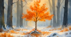 Neuanfang wagen: Geschichte vom Laubbaum Ein kleiner Laubbaum mit orangefarbenem Herbstlaub steht in einem verschneiten Wald, umgeben von weichem Licht: Zeit für einen Neuanfang!