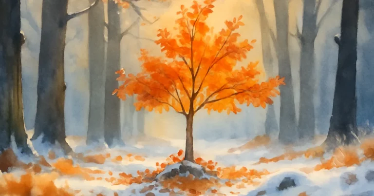 Ein kleiner Laubbaum mit orangefarbenem Herbstlaub steht in einem verschneiten Wald, umgeben von weichem Licht: Zeit für einen Neuanfang!