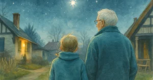Ein alter Uhrmacher und ein kleines Mädchen stehen unter einem klaren Sternenhimmel, während der Weihnachtsstern in der Weihnachtsgeschichte als Symbol der Hoffnung erstrahlt.