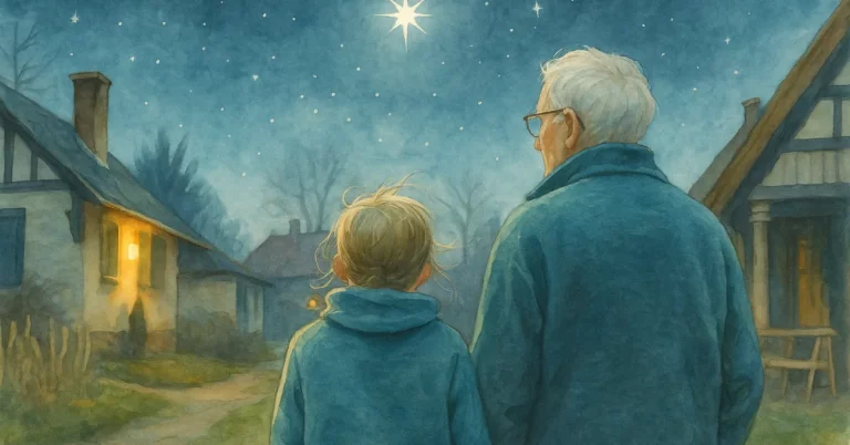 Ein alter Uhrmacher und ein kleines Mädchen stehen unter einem klaren Sternenhimmel, während der Weihnachtsstern in der Weihnachtsgeschichte als Symbol der Hoffnung erstrahlt.
