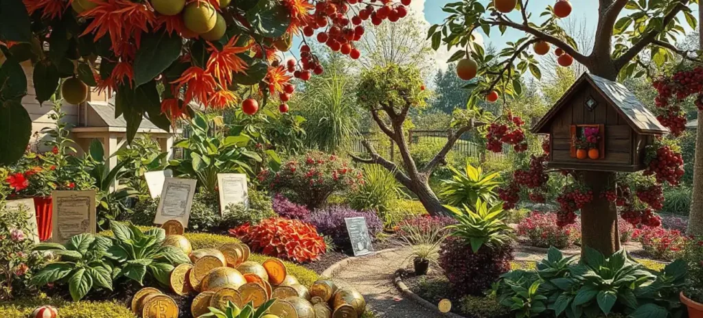 Ein blühender Garten mit Obstbäumen und Münzen als Symbol für erfolgreiche Geldanlagen und finanzielles Wachstum.