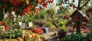 Ein blühender Garten mit Obstbäumen und Münzen als Symbol für erfolgreiche Geldanlagen und finanzielles Wachstum.