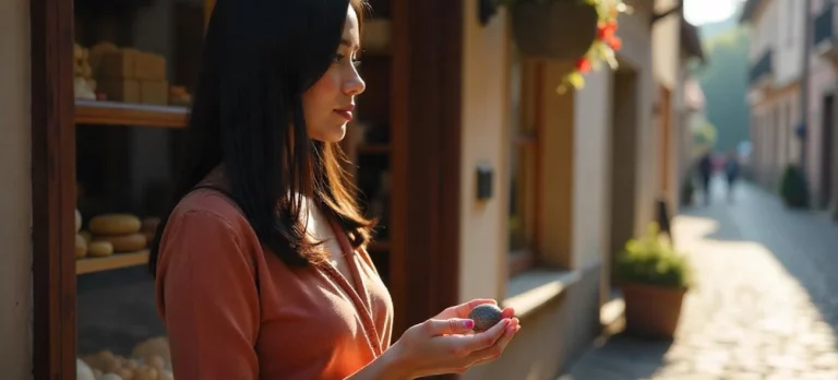 Frau steht in einem Dorf und hält einen Stein in den Händen, während sie nachdenklich in die Ferne blickt.