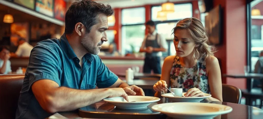 Ein Mann und eine Frau sitzen in einem Restaurant und starren auf ihre winzigen Mahlzeiten – eine Analogie zur Geldentwertung, bei der Preise steigen, aber die Leistung schrumpft.