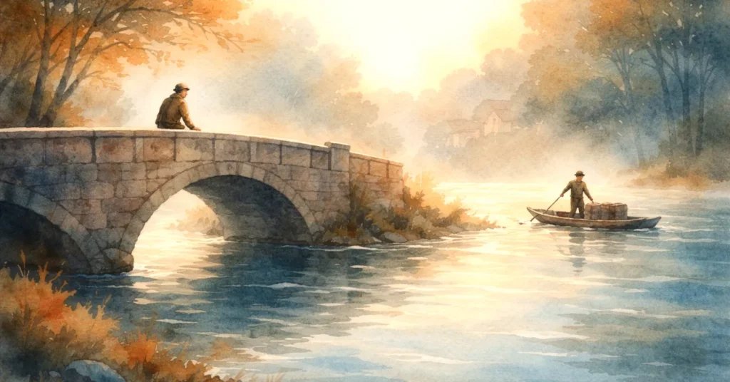 Aquarellszene mit ruhiger Flusslandschaft: Eine Steinbrücke spannt sich über den Fluss, im Hintergrund gleitet ein Floß durchs Wasser. Sinnbild für eine Welt im Wandel, zwischen Fortschritt und alten Strukturen.