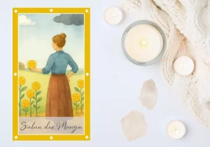Eine Tarotkarte im Aquarellstil zeigt eine Frau mit Dutt und langem Rock, die nachdenklich auf sieben goldene Münzen mit Pentagrammen blickt, die an Pflanzen in einem Feld wachsen. Über ihr schweben eine helle und eine dunkle Wolke, der Himmel ist freundlich und hellblau.