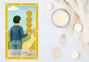 Eine Tarotkarte im Aquarellstil zeigt eine Frau mit kurzen schwarzen Haaren, die auf einem Weg steht und vier goldene Münzen mit Pentagrammen auf ihrer Hand balanciert. Im Hintergrund ist eine Stadt zu sehen, rechts und links am Weg blühen Sonnenblumen unter einem klaren blauen Himmel.