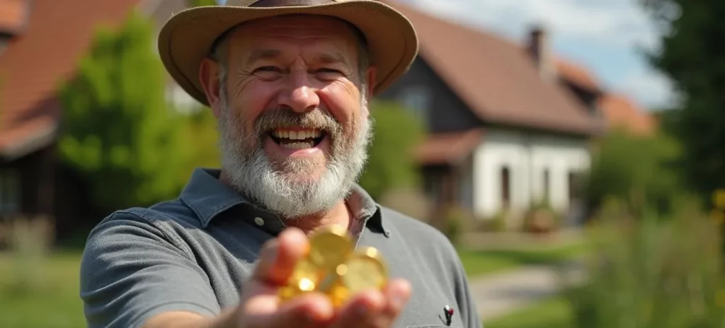 Ein älterer Mann mit grauem Bart und Strohhut hält lachend goldene Münzen in die Kamera, im Hintergrund ein idyllisches Dorf.