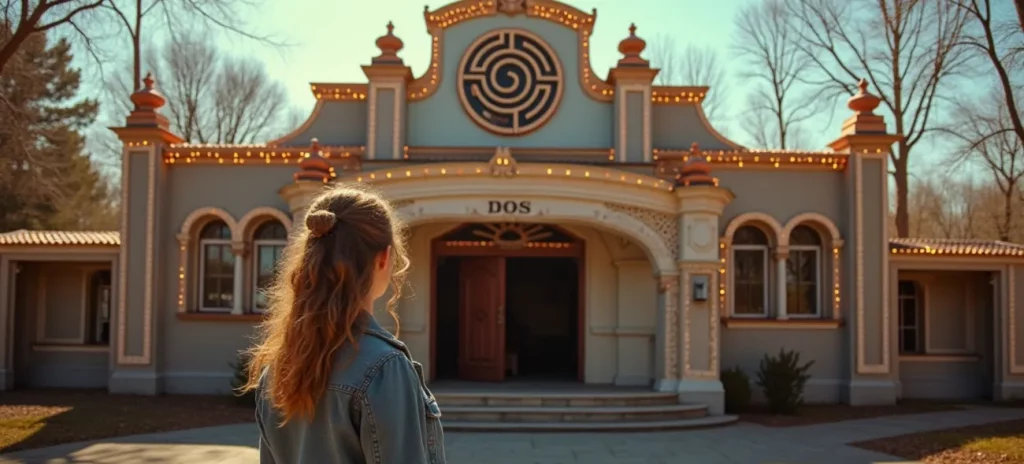 Eine Frau steht vor einem Jahrmarkt-Labyrinth mit leuchtenden Verzierungen und überlegt, ob sie hier Antworten zur richtigen Zielsetzung findet.