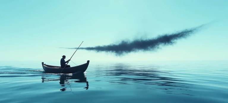 Fischer Riccardo sitzt alleine in einem Boot, während sich ein dunkler Rauchstreifen am Horizont bildet – Sinnbild für aufziehende Zukunftsangst.