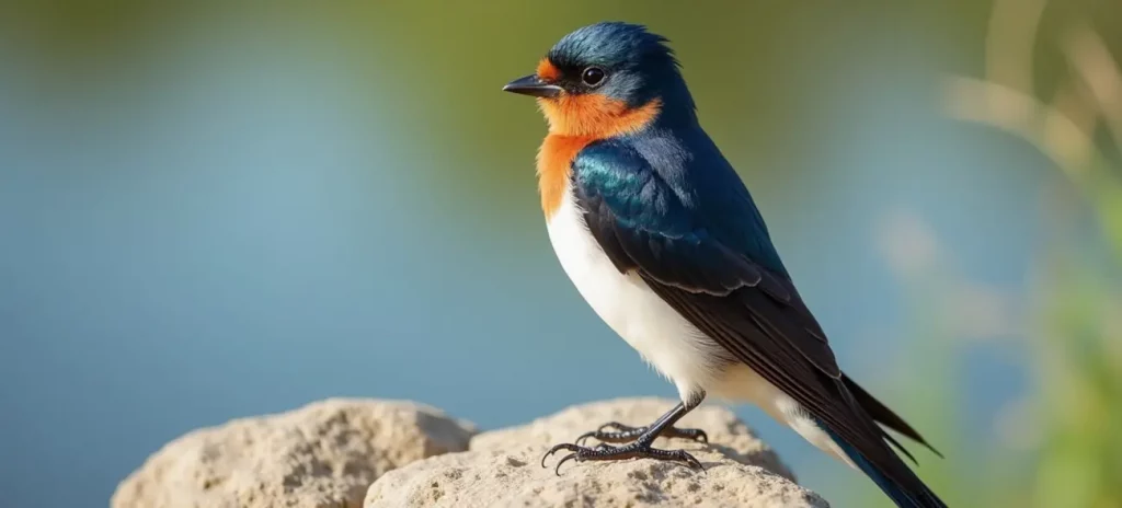 Die elegante Schwalbe Satori sitzt auf einem Felsen und blickt klug in die Ferne – Sinnbild für Inspiration und Durchhaltevermögen.