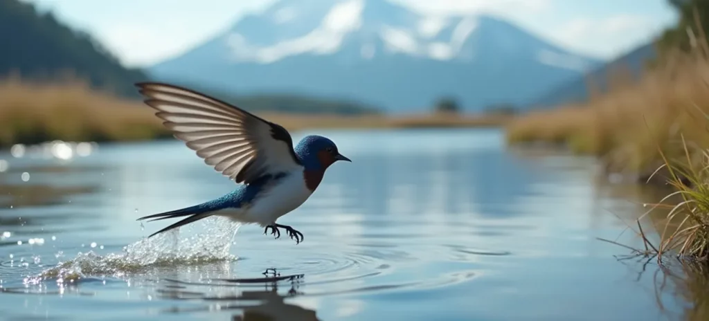 Hilfe bei der Aufdeckung vom Schneeballsystem: Schwalbe Satori berührt mit den Flügeln die Wasseroberfläche eines Sees, dahinter Berge und eine weite Landschaft.