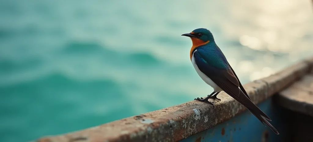 Eine blau-türkise Schwalbe sitzt aufmerksam auf dem Bootsrand, Symbolfigur für Erkenntnis und Wegweiser im Umgang mit Zukunftsangst.
