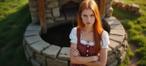 Eine junge Frau mit roten Haaren und verschränkten Armen steht mit ernster Miene vor einem alten Steinbrunnen und sorgt sich um das Schneeballsystem im Dorf.