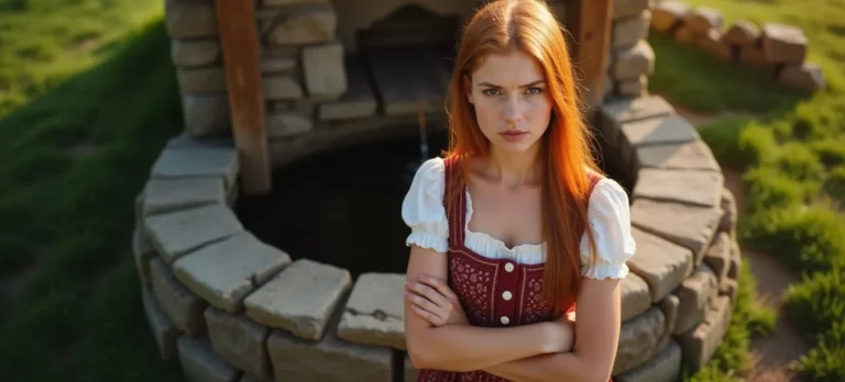 Eine junge Frau mit roten Haaren und verschränkten Armen steht mit ernster Miene vor einem alten Steinbrunnen und sorgt sich um das Schneeballsystem im Dorf.