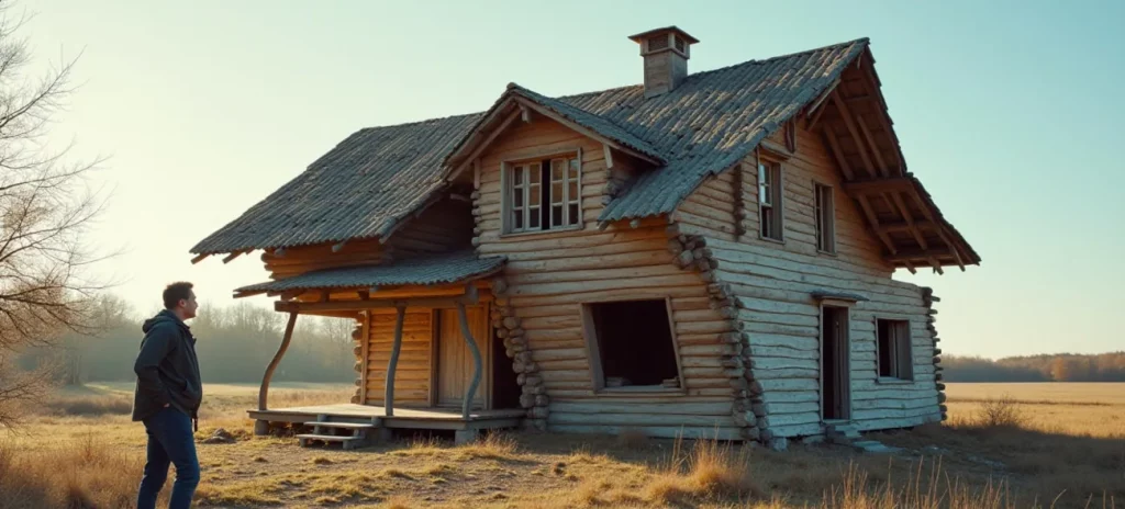 Harry steht nachdenklich vor seinem alten, schiefen Holzhaus. Eine Metapher für festgefahrene Glaubenssätze, die auf wackligem Fundament ruhen.