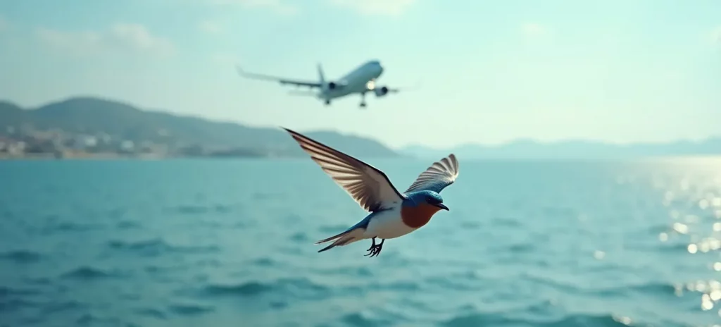 Die Schwalbe Satori fliegt vor einem aufsteigenden Flugzeug über dem Meer. Sie steht symbolisch für Intuition, Weitblick und das Erkennen des beginnenden Systemwechsels.