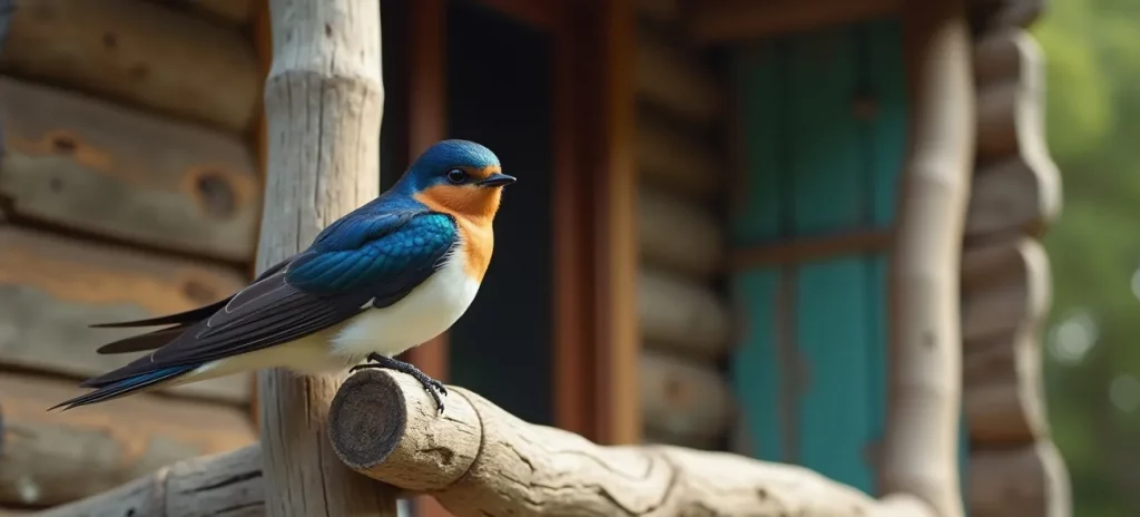 Die schimmernd blaue Schwalbe Satori sitzt auf einem Holzgeländer. Sie verkörpert in der Geschichte die innere Stimme, die zur Erkenntnis und zum Aufbruch führt. So kann Harry seine Glaubenssätze auflösen.