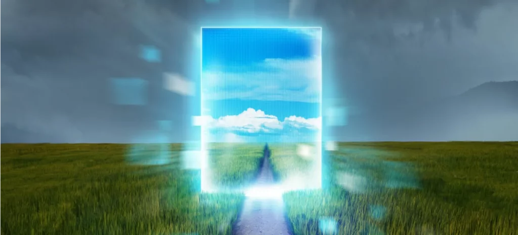 Ein digitales Tor öffnet sich in einer Wiese und gibt den Blick frei auf eine neue, hellere Landschaft – Metapher für einen radikalen Systemwechsel.