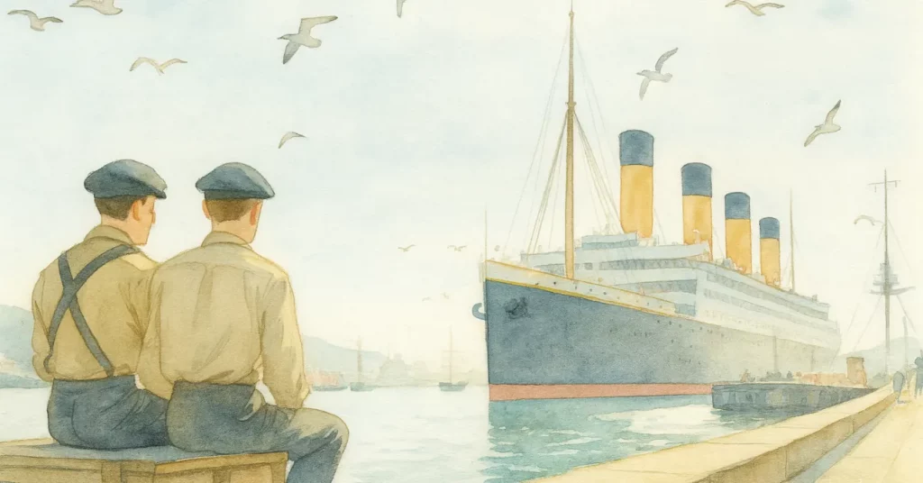 Viktor und Henry sitzen am Hafen und diskutieren über Möglichkeiten, die Schiffe schneller zu machen – ohne zu ahnen, dass der eigentliche Systemwechsel längst in der Luft liegt.