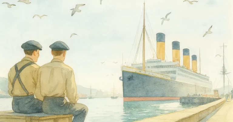 Viktor und Henry sitzen am Hafen und diskutieren über Möglichkeiten, die Schiffe schneller zu machen – ohne zu ahnen, dass der eigentliche Systemwechsel längst in der Luft liegt.