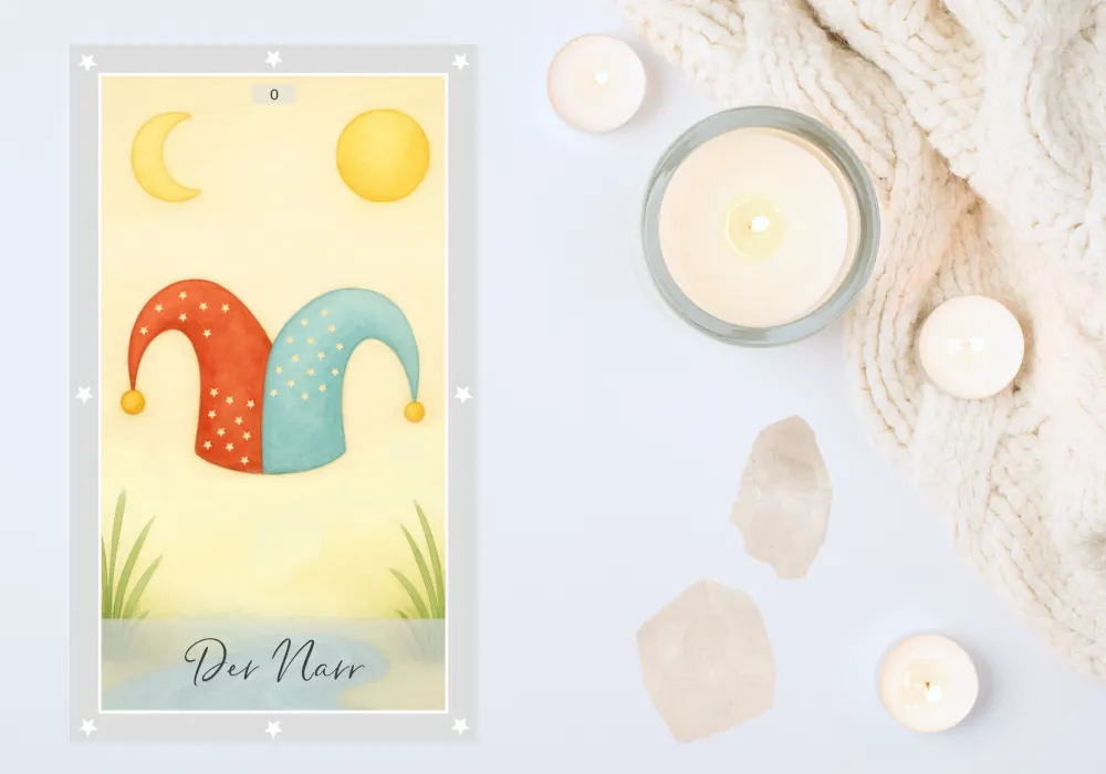 Eine Tarotkarte im Aquarellstil zeigt eine zweifarbige Narrenmütze, die frei in der Mitte der Karte schwebt. Die linke Seite der Mütze ist rot, die rechte hellblau, beide mit kleinen, sanft leuchtenden Sternen verziert. Im oberen linken Bereich befindet sich ein weicher Halbmond, rechts oben eine strahlende Sonne. Der Hintergrund ist gleichmäßig hell-beige, unten wachsen zarte grüne Halme. Die Karte wirkt freundlich, ruhig und ausgewogen.
