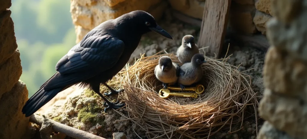 Rabe Rico steht in einer erhöhten Mauernische eines alten Steingemäuers neben einem Nest. Im Nest sitzen drei junge Vögel und unter ihnen liegt ein goldener Schlüssel.