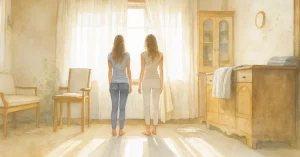 Zwei Frauen stehen nebeneinander in einer alten, leicht heruntergekommenen Wohnung und blicken im Gegenlicht durch halb zugezogene Vorhänge nach draußen. Der Raum ist spärlich möbliert, mit staubigen Möbeln, einem Stuhl und einer alten Kommode. Lichtstrahlen fallen durch das Fenster und zeichnen lange Schatten auf den Holzboden, zwischen verstreuten Decken und Büchern.