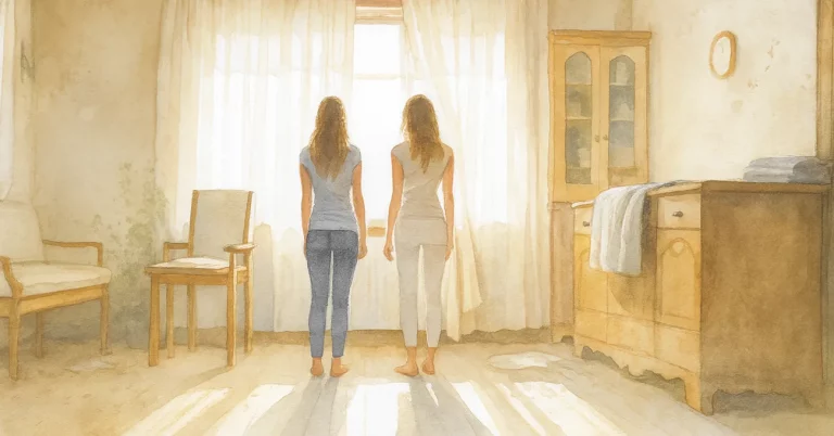 Zwei Frauen stehen nebeneinander in einer alten, leicht heruntergekommenen Wohnung und blicken im Gegenlicht durch halb zugezogene Vorhänge nach draußen. Der Raum ist spärlich möbliert, mit staubigen Möbeln, einem Stuhl und einer alten Kommode. Lichtstrahlen fallen durch das Fenster und zeichnen lange Schatten auf den Holzboden, zwischen verstreuten Decken und Büchern.