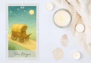 Aquarellgemälde im Tarotkartenstil: Ein leerer, traditioneller hölzerner Wagen mit Runddach fährt auf einem sandfarbenen Weg nach rechts – in Richtung Zukunft. Der Hintergrund zeigt einen sanften Farbverlauf von hellem Grün zu warmem Türkisblau. Am Himmel leuchten goldene Sterne und ein klarer, runder Vollmond, die Schutz und Orientierung symbolisieren. Links unten wächst etwas Gras am Wegrand. Die Stimmung ist ruhig, hoffnungsvoll und vermittelt Motivation und Bewegung.