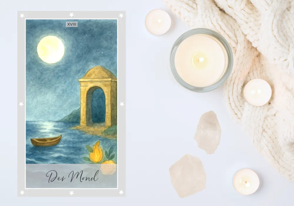 Aquarell-Illustration der Tarotkarte Der Mond: Ein heller Vollmond leuchtet über einem blaugrauen Nachthimmel und wirft sein Licht auf ein Meer mit sanftem Wellengang. Auf dem Wasser treibt ein kleines Boot. Am Ufer erhebt sich ein großer steinerner Torbogen, der wie ein Eingang in eine neue Welt wirkt. Im Vordergrund blühen gelbe Rosen.