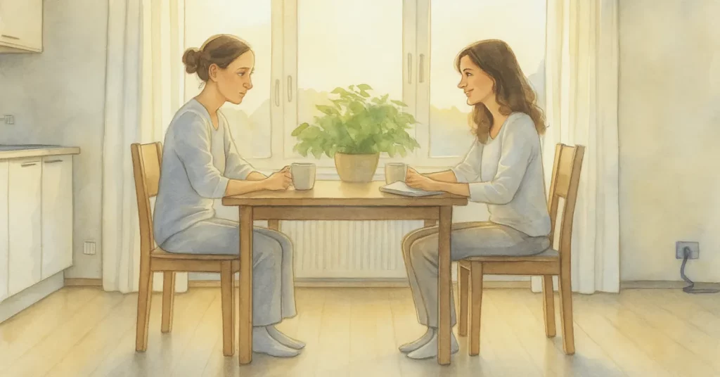 Zwei Frauen sitzen sich an einem Tisch in einer hellen Wohnung gegenüber, Sonnenlicht fällt durch das große Fenster, eine grüne Pflanze steht zwischen ihnen. Die Szene wirkt ruhig, warm und nachdenklich.