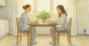 Zwei Frauen sitzen sich an einem Tisch in einer hellen Wohnung gegenüber, Sonnenlicht fällt durch das große Fenster, eine grüne Pflanze steht zwischen ihnen. Die Szene wirkt ruhig, warm und nachdenklich.