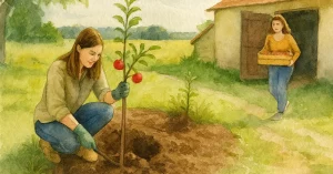 Sparen vs. Investieren: Eine Frau trägt eine Kiste voller Äpfel aus einem dunklen Keller, die andere pflanzt zur selben Zeit einen Apfelbaum.