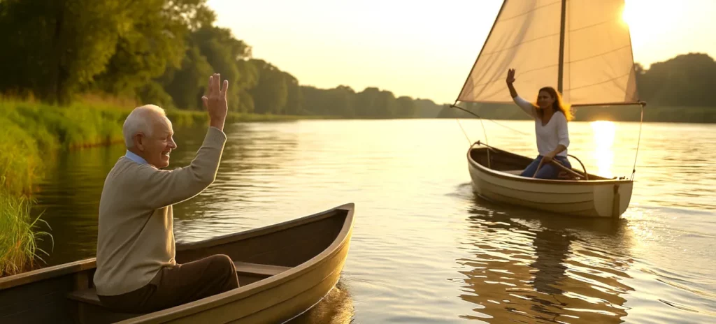 Ein älterer Mann sitzt in einem Ruderboot nahe am Ufer, während eine jüngere Frau in einem Segelboot mitten auf dem Fluss steuert. Beide winken sich freundlich zu, die Abendsonne spiegelt sich golden im Wasser.