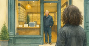 Frau mit braunen Locken steht von hinten vor einem Brillengeschäft und schaut ins Schaufenster. Sie fragt sich: Was ist Realität?