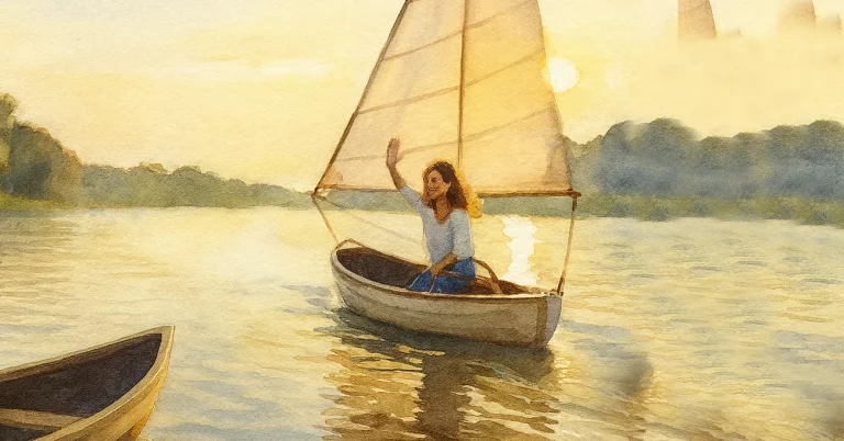 Ein älterer Mann sitzt in einem Ruderboot nahe am Ufer, während eine jüngere Frau in einem Segelboot mitten auf dem Fluss steuert. Beide winken sich freundlich zu, die Abendsonne spiegelt sich golden im Wasser.