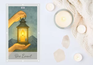 Eine Aquarellillustration der Tarotkarte „Der Eremit“ zum Thema Problemlösung, Rückzug, Innenschau und Abgeschiedenheit. Zwei Hände halten in der Mitte des Bildes eine leuchtende Laterne mit einer brennenden Kerze darin. Das warme Licht der Flamme erhellt die Hände und einen Teil des Hintergrunds. Hinter der Laterne ist ein stilles Gebirge unter einem sanft graublauen Himmel zu sehen. Die Szene wirkt ruhig, introspektiv und symbolisiert innere Führung und Besinnung.